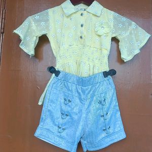 Yellow Bell Sleeves Top And Shorts Set For Girls