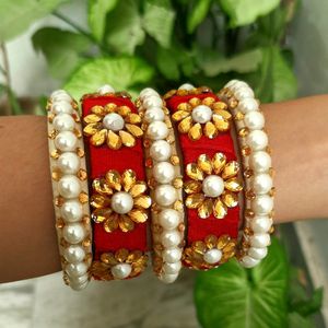 Red Velvet White Pearl Royal Bridal Bangles Set