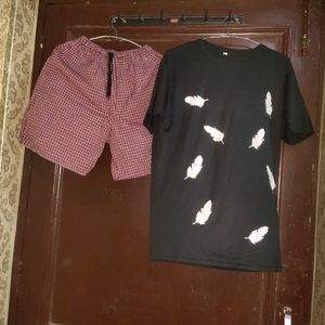 Men T Shirt  Black + Cotton Check Nikkers Shorts