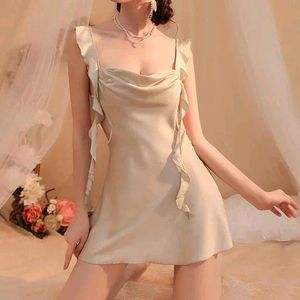 French Women Ruffled Silk Backless Dress