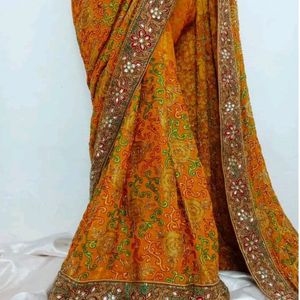 Mustard Banarasi Fabric Embroidery Work Saree