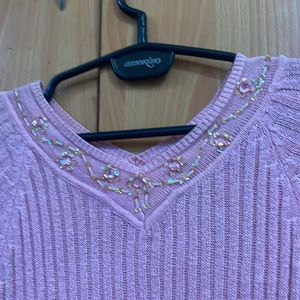 Powder Pink V Neck Stretchable Top