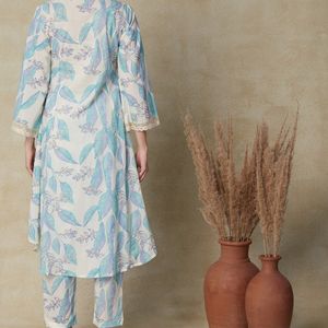 Off White Floral Printed Pure Cotton Kurta Set