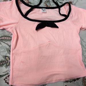 Cute Korean Bow Top In Peach Colour