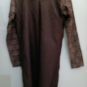 Cotton Silk Kurta With Ajrakh Sleeves