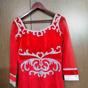 Red Velvet And Net Ethnic Suit |  Size 38