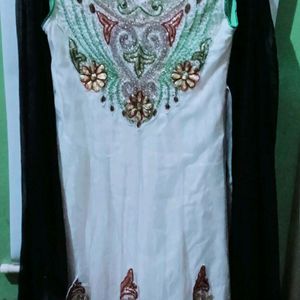 White Frocksuit With Black Net Dupatta