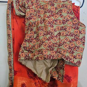 Sequin Orange Red Saree With Stitched Blouse