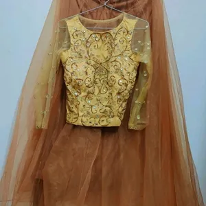 Golden Blouse & Brown Skirt Set For 30 Bust