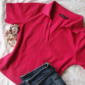 Pink Fitted Polo Tee Cropped