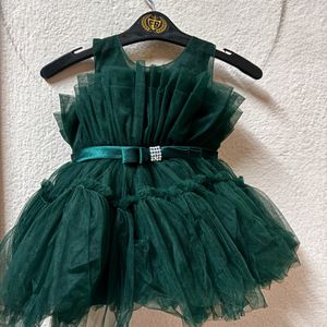 Girls Dark Green Stylish Sleeveless Net Frock