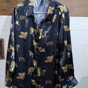 Black Satin Full Sleeve Shirt With Tiger Print