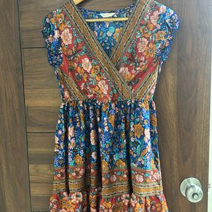 Blue & Red Floral Mini Fit And Flare Dress