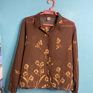 Brown Floral Print Sheer Shirt