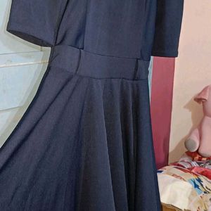 Navy Blue Knee Length Flared Dress