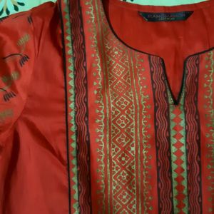 Red Kurta With Black And Golden Printed Design