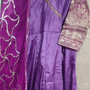 Satin Silk Purple Anarkali Kurta+Dupatta+Legging