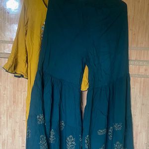 Yellow And Green Kurta Set With Flair Plazzo