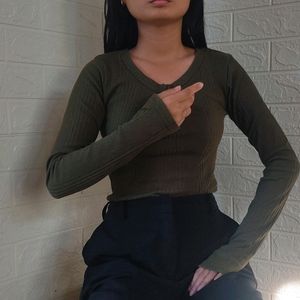 olive green ripped long sleeve tops