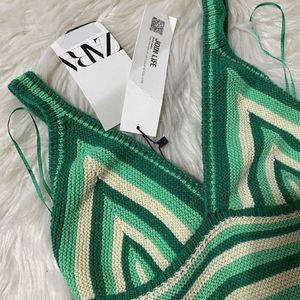 Zara Women's White and Green Crop-top