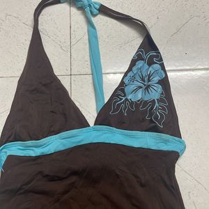 Brown Blue Backless Bodysuit