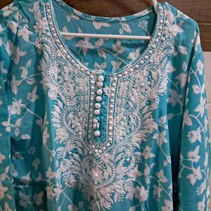 Light Blue Chikankari Kurta With Pants and Dupatta