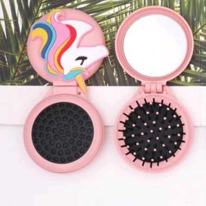 Cute Unicorn Hair Brush With Compact Mirror