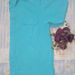 Blue Cotton Blend Half Sleeves Shirt