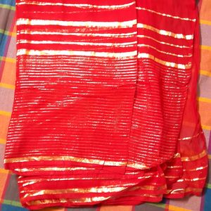 Red N Gold Zari Lines Saree