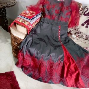 Beautiful Ethnic Gown Grey With Maroon Combination