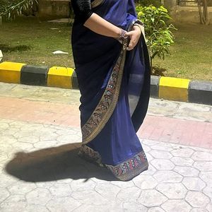 Pretty Navy Blue Plain Saree With Border