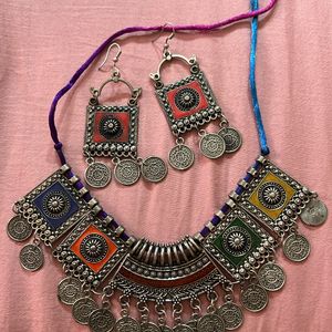 Oxidised Silver Necklace And Earrings Set, Banjara