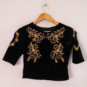 Black Embroidered Velvet Blouse (Women's)