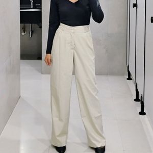 Cream/Beige Office Trousers | Wide Legged