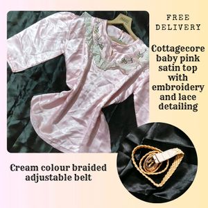 Cottagecore Satin Top+ Braided Adjustable Belt💖