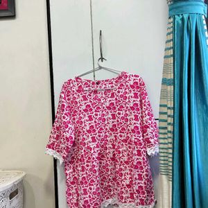 Vibrant Pink Floral Short Kurti