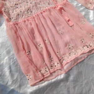 Beutiful Peach Chikankari Mirror Work Kurti/ Tunic