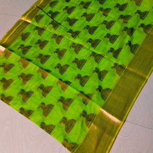 Green Colour Cotton Blend Pattu Border Saree