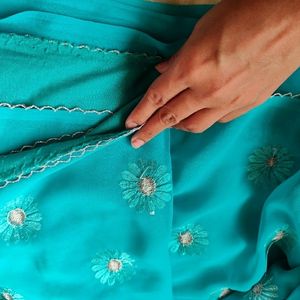 Cyan Fancy Floral Print Saree(Women)