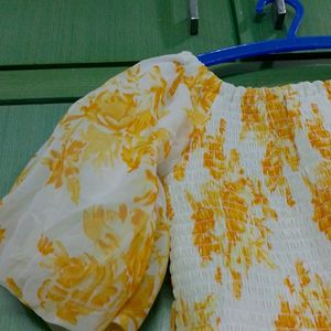 Floral Yellow N White Dress For Girls.