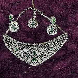 AD Stone Necklace With Earring And Mangtika