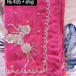 Lovely pink Pearl Work saree Georgette