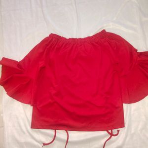 Red Frilled Sleeves Crop Top Eith waist Knot