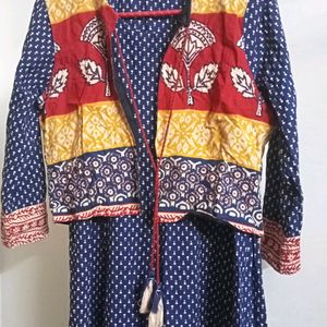 Navy Blue Anarkali Cotton Kurta With Short Jacket