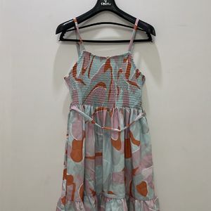 Printed Shirred Strappy A-Line Dress