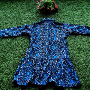 Blue Floral Printed Collared High-low Flared Tunic