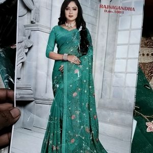 Sea Green Jimmy Choo Saree With Stitched Blouse