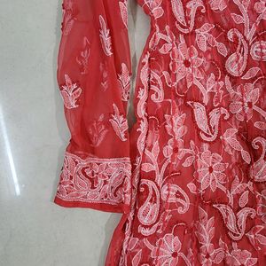 Beautiful Chikan Anarkali Rust Red Kurta