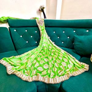 Parrot Green Pleated Saree With Blouse