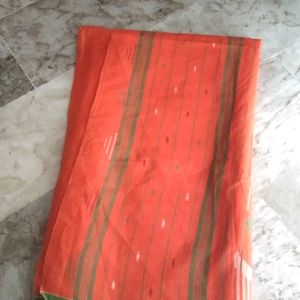 Soft Cotton Orange Thread Work Saree with फॉल